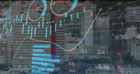 Dynamic Financial Charts Overlaying Urban Skyline for Analytical Insights