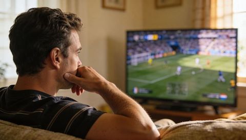 Man watching live soccer match on tv from living room sofa in natural daylight