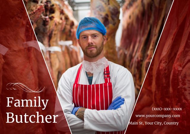 Image of a confident butcher standing in a meat shop. Surrounded by hanging cuts of fresh meat, this scene emphasizes local business pride, quality, and professionalism. Perfect for marketing materials, advertisements, or website content that promotes local butchers, quality meats, and professionalism in the food industry. Great for businesses aiming to evoke trust and dedication to high-quality products.