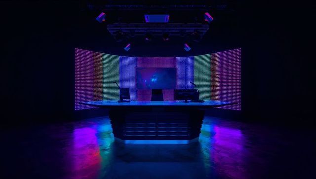 Modern tv studio with curved led wall and desk