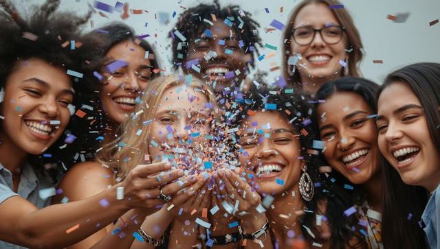 Diverse group laughing and tossing confetti, celebrating joyful friendship closeup portrait