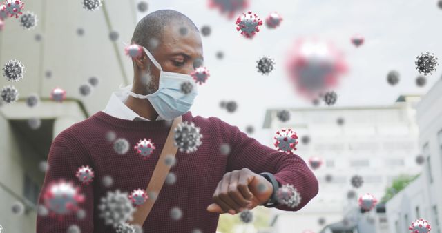 Man Wearing Mask Checking Time with Virus Particles - Download Free Stock Images Pikwizard.com