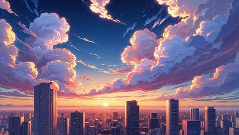 Anime sunset cityscape with illuminated clouds and skyscrapers