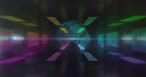 Futuristic digital interface globe and neon light overlay