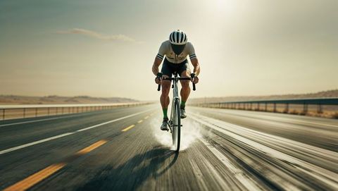 Competitive cyclist racing at crazy speeds on remote desert highway