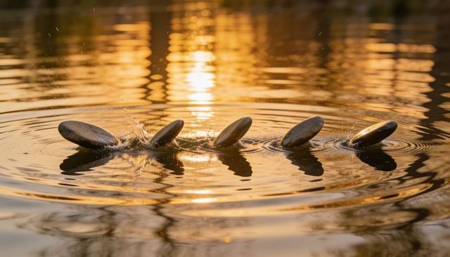 Skipping stones at golden sunset creating concentric ripples on calm pond