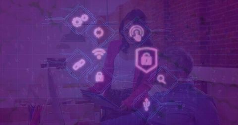 Team Discussing Cybersecurity Strategy with Digital Interface