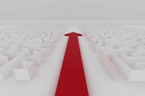 Transparent red arrow passing through maze
