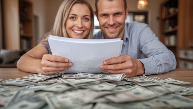 Happy Couple Managing Finances at Home with Cash