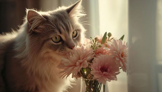 Long-haired Grey Cat Sniffing Pale Pink Bouquet on Sunlit Windowsill