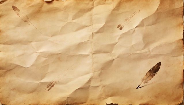Aged parchment background with feather quill and ink stains, creased vintage paper texture