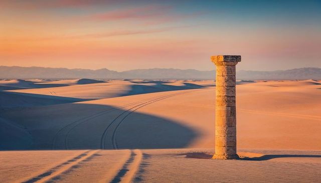 Standing worn stone column among sweeping sand dunes at sunrise with long shadows
