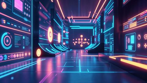 High-tech futuristic corridor with neon digital panels and glowing floor