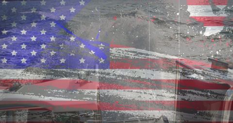 Grunge American Flag Overlay with Ocean Boat View