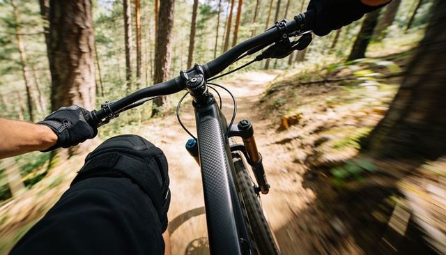 First-person riding fast mountain bike down narrow forest singletrack trail