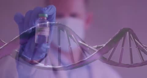 Scientist Holding COVID-19 Vaccine with DNA Sequence in Background