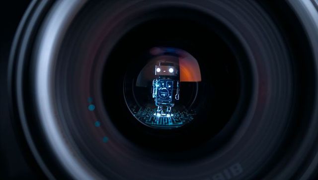 Retro toy robot reflecting on circuit board through camera lens with teal bokeh glow