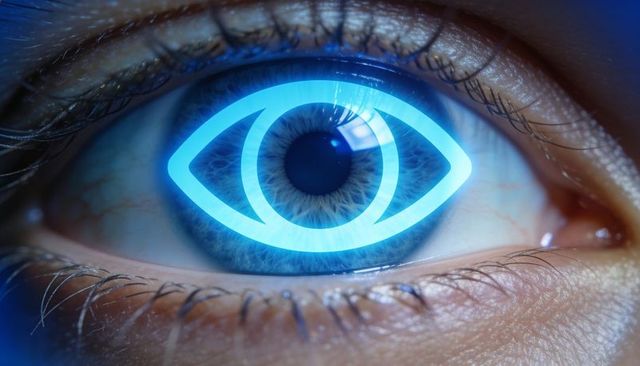 Close-up human eye with neon-blue biometric hud overlay scanning iris for cybersecurity