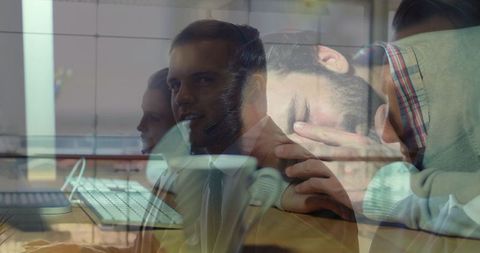 Motivated businessmen in digital productivity and stress concept