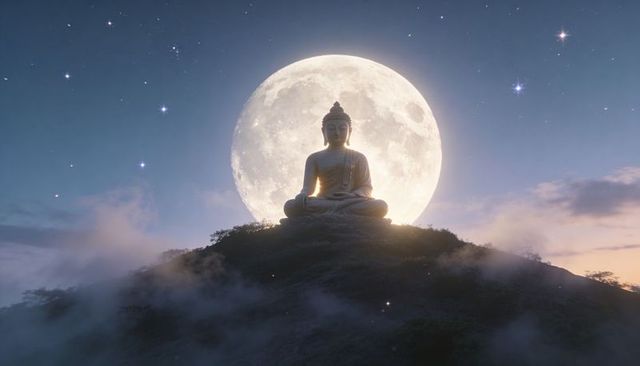 Giant buddha meditating on misty hilltop at night, backlit by full moon halo