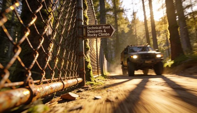 Driving past mossy chainlink fence toward technical root descents and rocky climbs trail