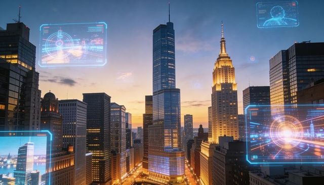 Glass tower pulsing with ar overlays at dusk, futuristic city skyline with holographic hud