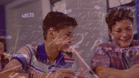 Students Enjoying Learning with Digital Math Concepts Overlay