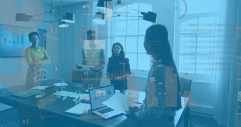 Animated Financial Data Overlay on Diverse Team in Office Meeting