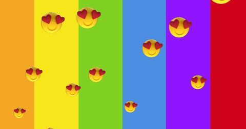 Heart eyes emoji on vibrant rainbow stripes array