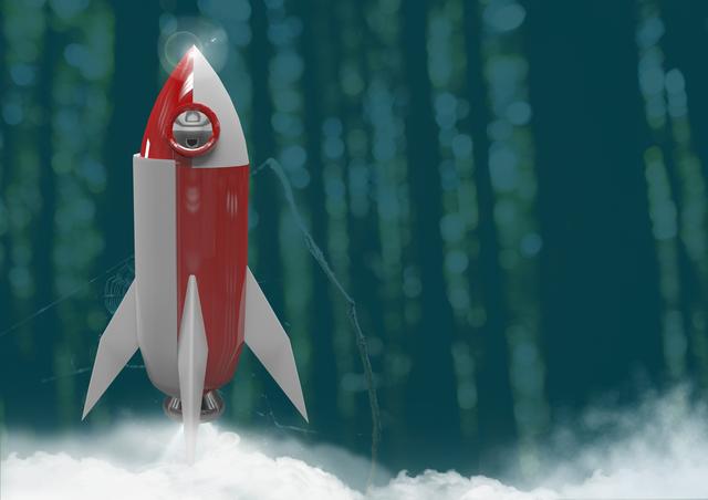 Rocket blasting off amidst tall, shadowy trees shrouded in fog. Ideal for technology, science fiction, innovation, and adventure themes. Use for websites, promotional materials, or creative storytelling.