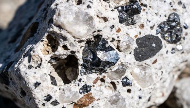 Macro revealing metallic crystals and quartz nodules in porous pale volcanic rock