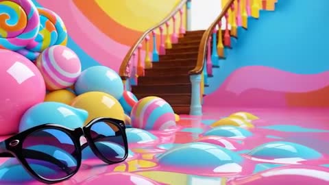 Playful interior design featuring a striking contrast of vibrant pastel colors creates a whimsical atmosphere. The black-framed sunglasses rest dramatically on the glossy pink floor surrounded by oversized candy balls and lollipops, suggesting themes of fun, leisure, and style. The winding staircase adds an element of depth, ideal for fashion advertising, design catalogs, or abstract artist representation excelling in contemporary aesthetics.