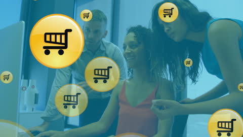 Diverse Team Collaborating with Online Shopping Interface Overlay