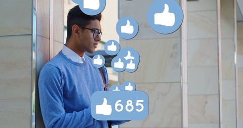 Man engaged on social media with rising like icons