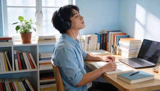 Listening and taking notes at sunlit home study desk with laptop and books