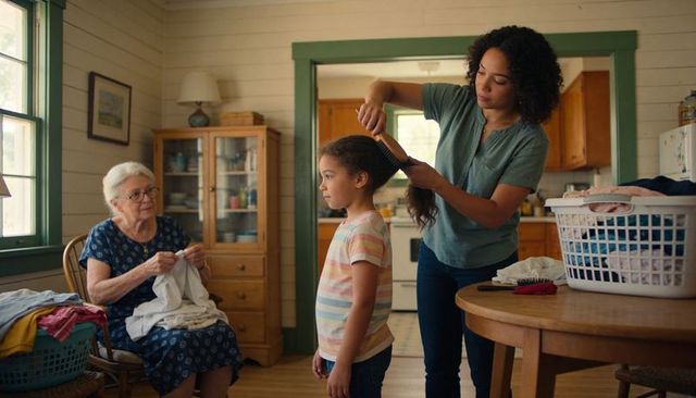 Multigenerational morning brushing daughter hair in sunlit farmhouse kitchen