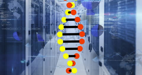 Animated DNA Strand and Data Processing in Server Room