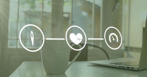 Digital Interface Overlapping Coffee Mug and Laptop in Modern Office