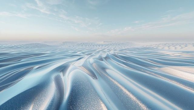 Glossy ice-blue dunes reflecting soft sky, futuristic turquoise surreal landscape