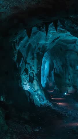 Exploring Blue-Glowing Ice Cave Passage with Hanging Stalactites and Red-Lit Path Vertical Video