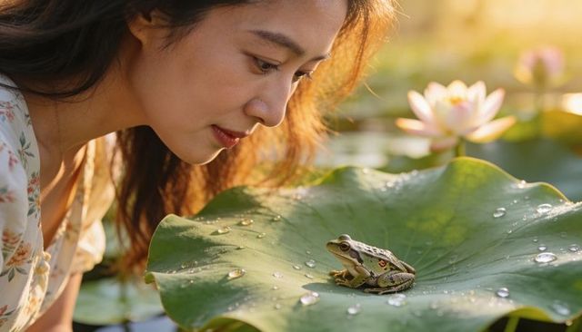Woman admiring frog on lotus leaf at golden hour backlit portrait with water droplets