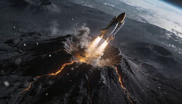 Space shuttle launching from volcanic crater with lava plumes and planetary horizon