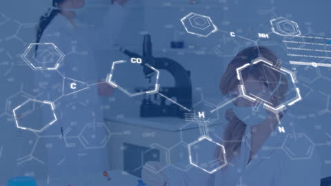 Female Scientists Conducting Research with Chemical Structures Overlay