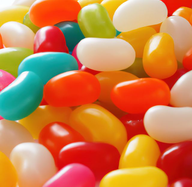 Bright and colorful jelly beans in varied hues are seen piled together, creating a vibrant and eye-catching display. Ideal for advertising candy stores, dessert menus, or Easter promotions. Suitable for posters, social media, and web banners enticing viewers with an array of sugary treats.