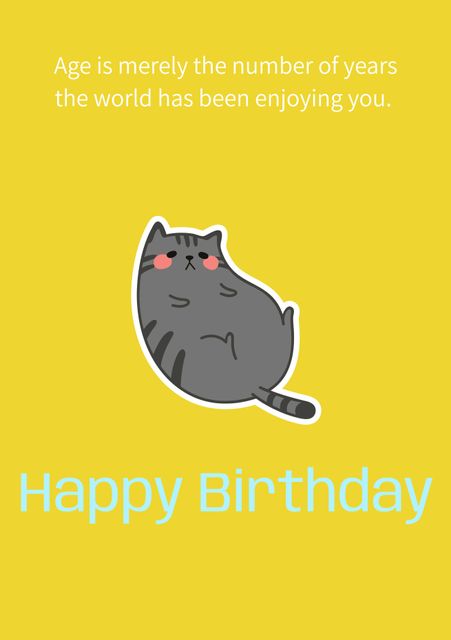 Charming cartoon cat with a playful expression on a yellow background, accompanied by an inspirational birthday message. This birthday card is perfect for adding a touch of whimsy and joy to any birthday celebration. The illustrated cat appeals to cat lovers and those who enjoy cute, cheerful designs. Ideal for personal greetings, sending via mail, or sharing digitally.