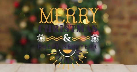 Merry christmas & happy new year greeting overlay over blurred festive bokeh tree