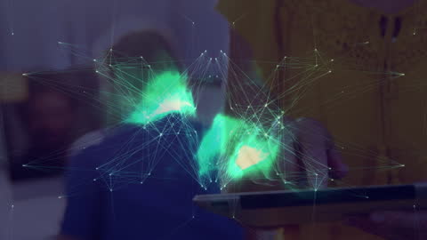 Energy Swirls and Digital Connections Over Woman Using Tablet