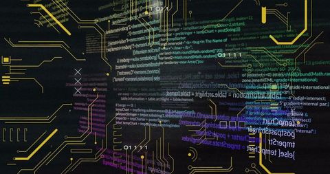 Futuristic interface overlaying javascript code and circuitry