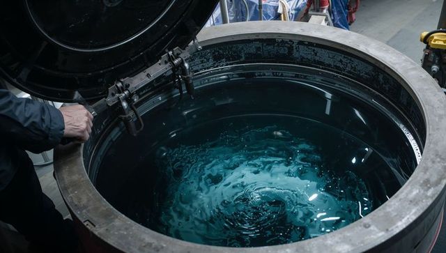 Technician opening industrial dye vat with teal chemical swirl in workshop