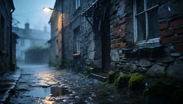 Rainy cobblestone alley with warm lamp reflection and mossy stone facades